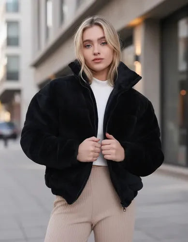 Campera Puffer Negra De Peluche Negro L Lisa