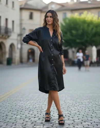 Vestido Camisero De India Simil Seda Midi Modelo Amplio