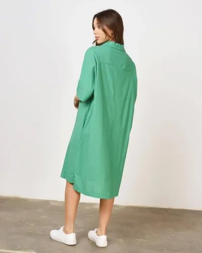 Vestido De Lino Midi Con Cuello Camisero Verde Lisa Único