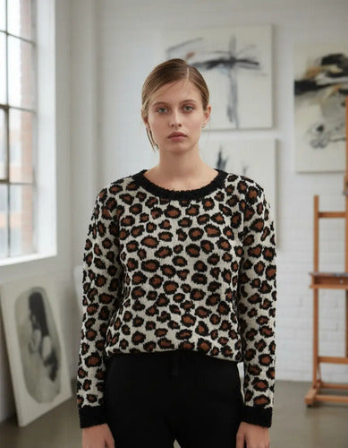 Sweater Tejido Con Lurex Animal Print Azul Oscuro Animal Print Único
