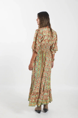 Vestido De Seda Hindú Largo Mod. 69 Marrón Claro Estampado Único