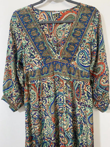 Vestido Largo De Seda Hindú Mangas 3/4 Multicolor Estampado Único