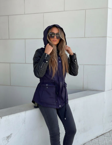 Campera De Gabardina Y Ecocuero + Chaleco Desmontable Azul Oscuro M Lisa