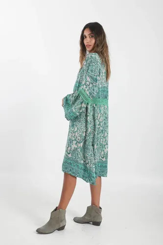 Vestido De Seda Hindú Y Puntilla Mangas Oxford Midi