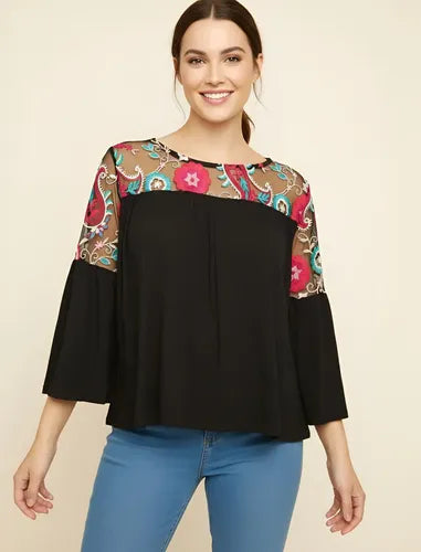 Remera Blusa Manga 3/4 Modal Y Tull Bordado Negro Bordado Único
