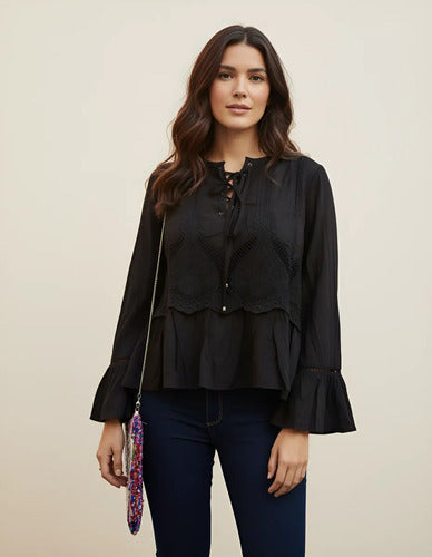 Blusa Camisa Importada Mangas Oxford Estilo Vars Boho Negro Lisa S