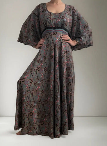 Vestido Largo Fiesta Importado Seda Hindú Amplio Gris Estampado Único