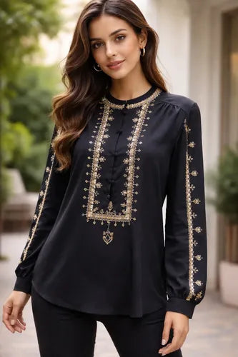 Blusa Manga Larga Con Dorado Fiesta Noche Modelo Amplio Negro Lentejuelas Xl