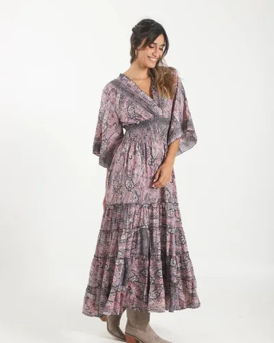 Vestido De Seda Hindú Largo Nuevo 2da Selección Lila Estampado Único