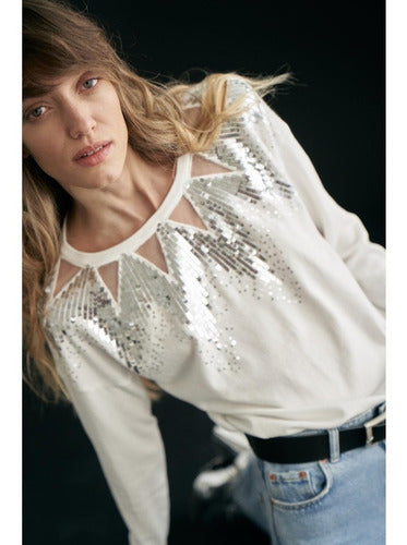 Sweater Bordado Importado Lentejuelas Paillettes Blanco U