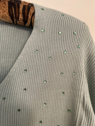 Sweater Tejido Morley Mangas Globo Y Hotfix Verde Agua Hotfix Único
