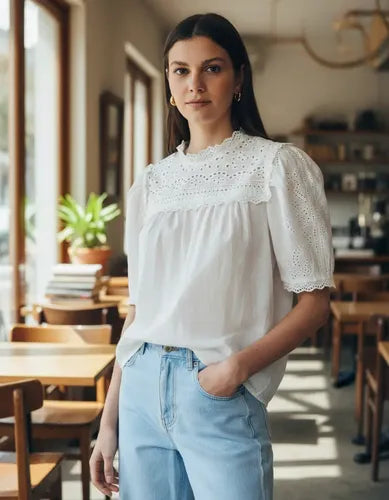 Blusa Con Cuello De Broderie Blanco Liso Xl
