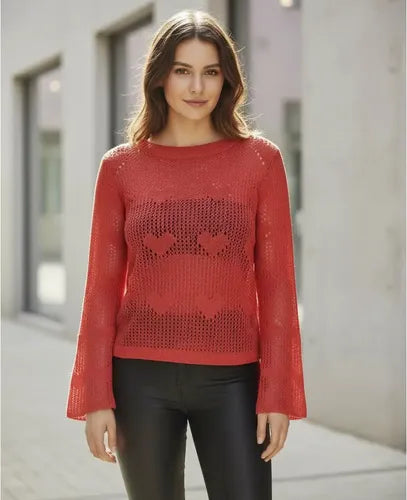 Sweater Mangas Oxford Calado Boho Corazones Importado