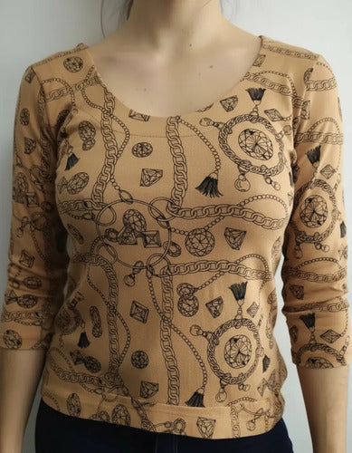 Remera Manga 3/4 De Diseño Marrón Claro S Estampado