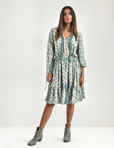 Vestido De Seda Hindú Corto Mod. 43 Beige Estampado Único