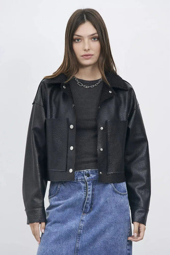 Saco Chaqueta Campera Eco Cuero Con Bouclé Marrón Único Liso