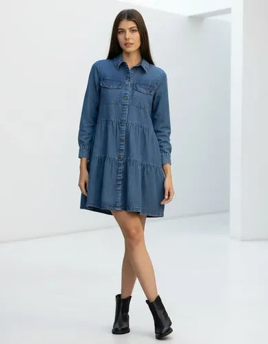 Vestido De Jean Denim Manga Larga
