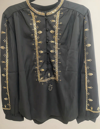 Blusa Manga Larga Con Dorado Fiesta Noche Modelo Amplio Negro Lentejuelas Xl