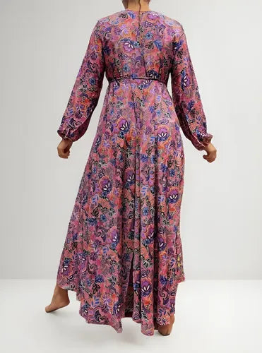 Vestido Largo Seda Hindú Manga Larga Rosa 2 Estampado Único