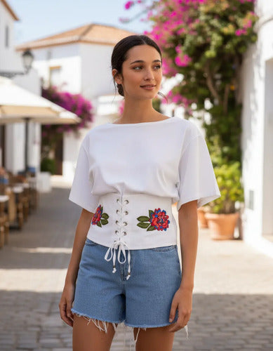 Remera Blusa Bordada Importada Estilo Boho Corset Blanco Bordado M