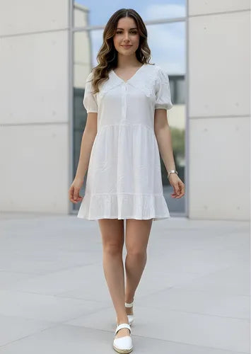 Vestido Lino Blanco Boho Con Cuello Blanco S