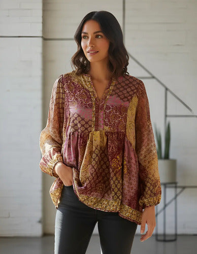 Blusa De Seda Hindú Modelo Amplio Mod. 106 Rosa Estampado Único