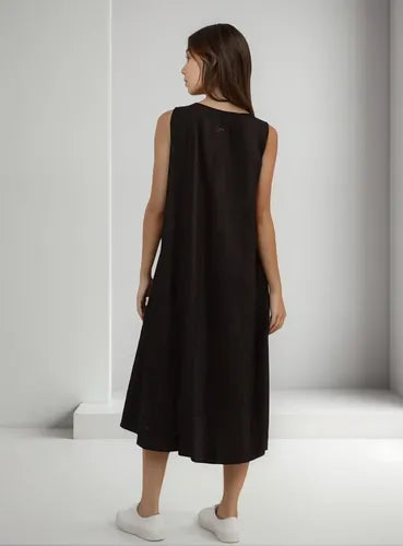 Vestido De Lino Abotonado A Los Costados Midi Gris Lisa Único
