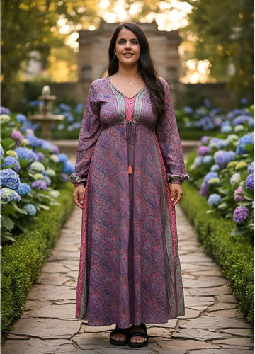 Vestido Largo Seda Hindú Manga Larga Naranja Estampado Único