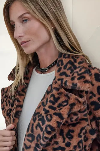 Saco Campera Chaqueta Piel Sintética Animal Print Marrón Oscuro Único Animal Print