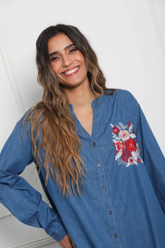 Camisa De Jean Bordada Importada Amplia