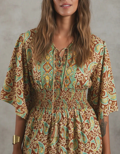 Vestido De Seda Hindú Largo Mod. 69 Marrón Claro Estampado Único