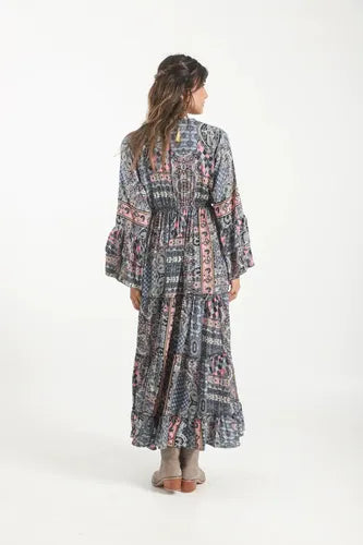 Vestido De Seda Hindú Largo Mangas Oxford Mod. 62 Gris Oscuro Estampado Único