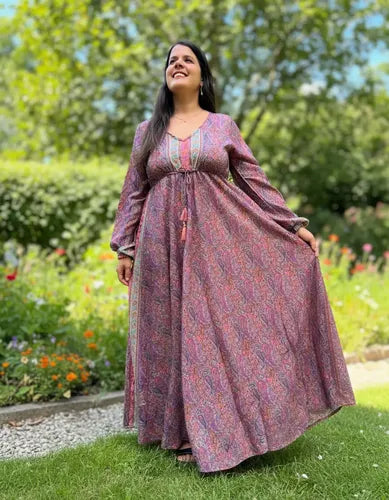 Vestido Largo Seda Hindú Manga Larga Naranja Estampado Único