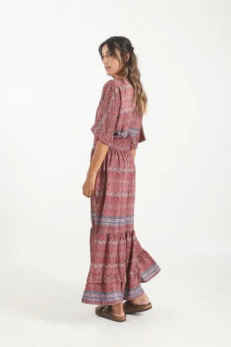 Vestido De Seda Hindú Largo Mod. 24 Rosa Viejo Estampado Único
