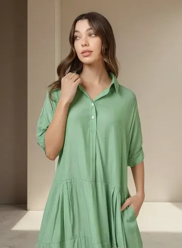 Vestido Camisero De Simil Seda Verde Lisa Único