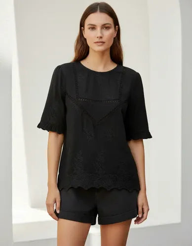 Camisa Blusa Importada Estilo Boho Bordada Negro L