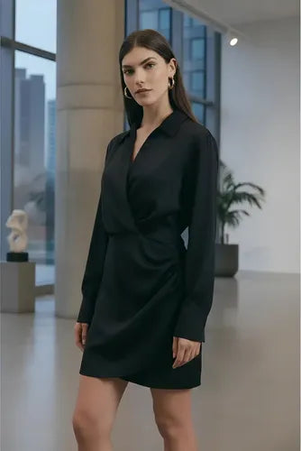Vestido Corto De Seda Manga Larga De Fiesta Noche