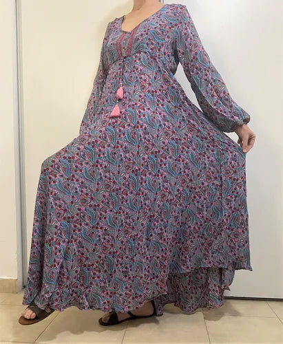 Vestido Boho Largo Manga Larga Seda Hindú Fiesta Verde Estampado Único