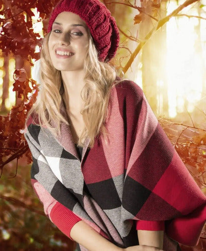 Ruana Poncho Reversible Escocesa Para Mujer Rojo Cuadros Único