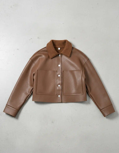 Saco Chaqueta Campera Eco Cuero Con Bouclé Marrón Único Liso