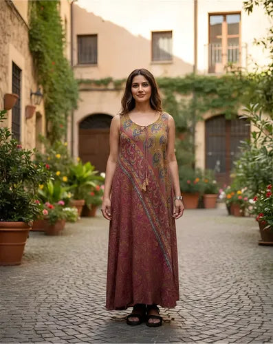 Vestido Solero Seda Hindu Importado Talle Grande Lila 2 Estampado Único