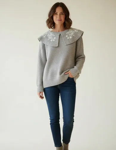 Sweater Tejido Folk  Modelo Amplio Cod. 05 Gris Liso Único