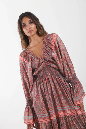 Vestido De Seda Hindú Mod. 63 Coral Oscuro Estampado Único