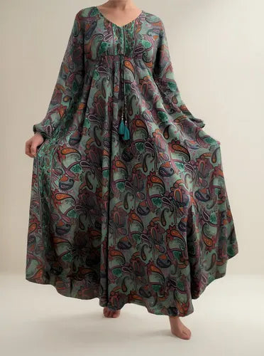 Vestido Boho Largo Manga Larga Seda Hindú Fiesta Verde Estampado Único