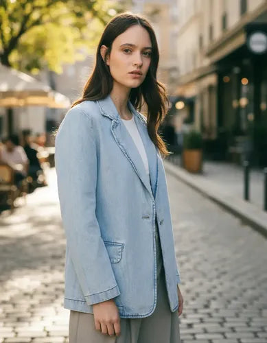 Saco Blazer De Jean Celeste Claro 2 Botón Normal L