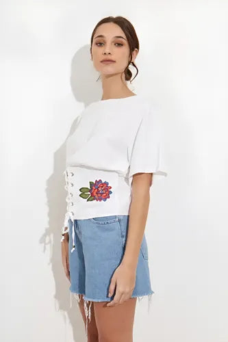 Remera Blusa Bordada Importada Estilo Boho Corset Blanco Bordado M