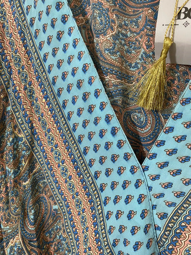 Vestido Largo De Seda Hindú Modelo Amplio Mod. 84 Turquesa Estampado Único