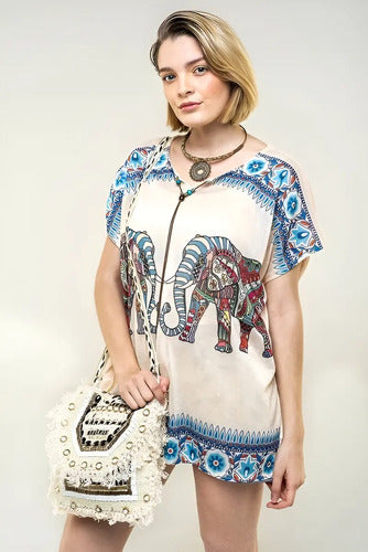 Blusa Remera Elefantes Importada Talle Grande Beige Único
