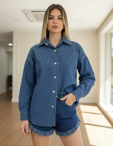 Camisa De Jean Con Hotfix Talle Amplio 2da Selección Azul Hotfix 38