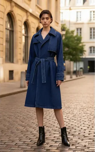 Trench Tapado De De Jean Modelo Grande Azul Único Lisa